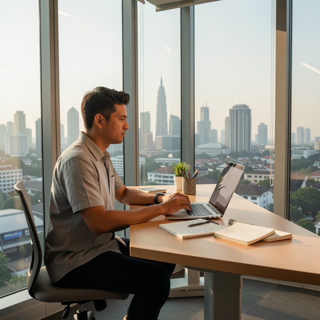 Writer working at a standing desk with laptop and handwritten notes beside large windows overlooking Jakarta city skyline in morning light