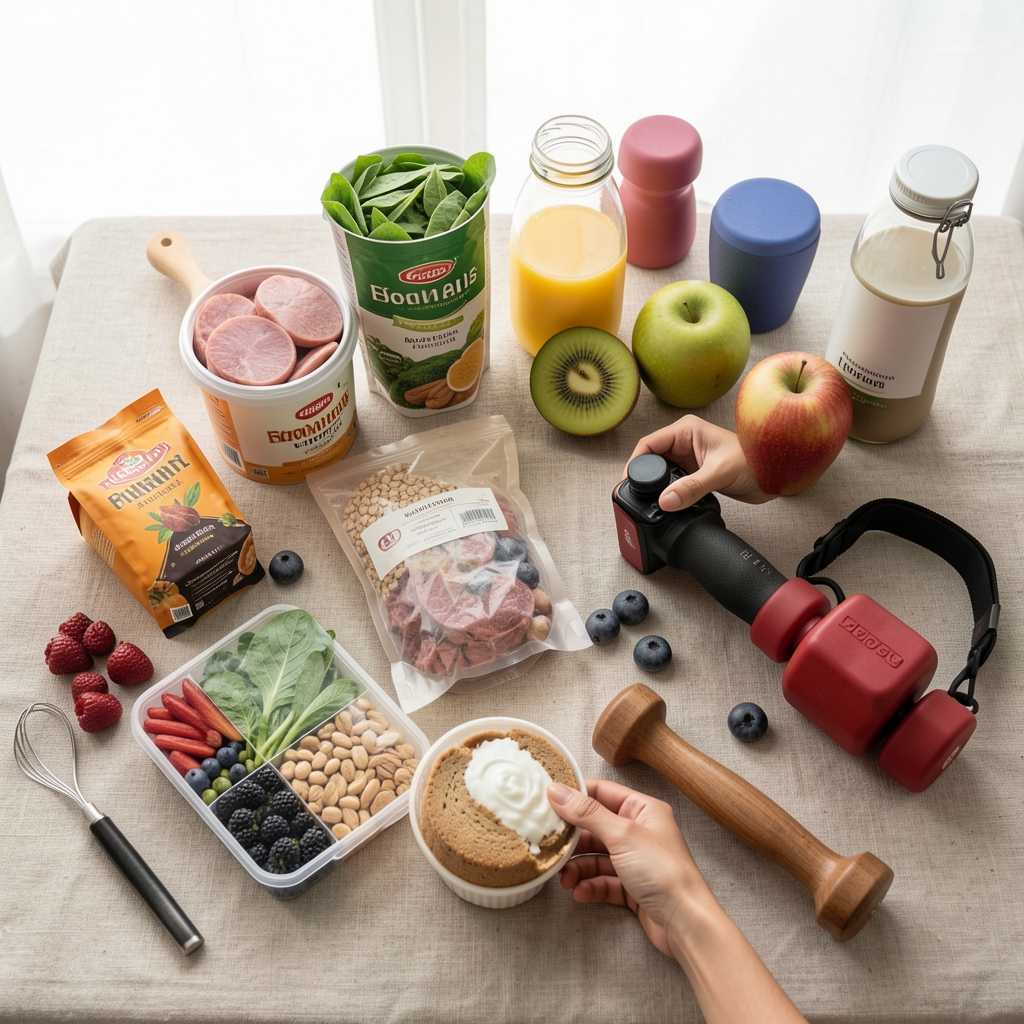 Photographer arranging flat-lay composition of whole foods and fitness gear on a neutral linen surface in a bright Jakarta photo studio