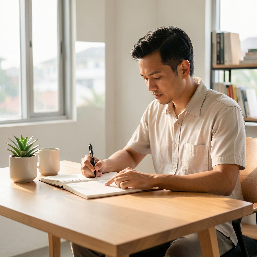 Man reviewing daily wellness journal notes at a clean wooden desk in morning natural light, Jakarta studio setting