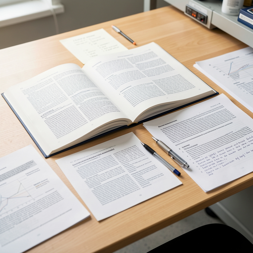 Open scientific journals and printed research papers arranged on a bright wooden research desk with a pen and annotation notes visible