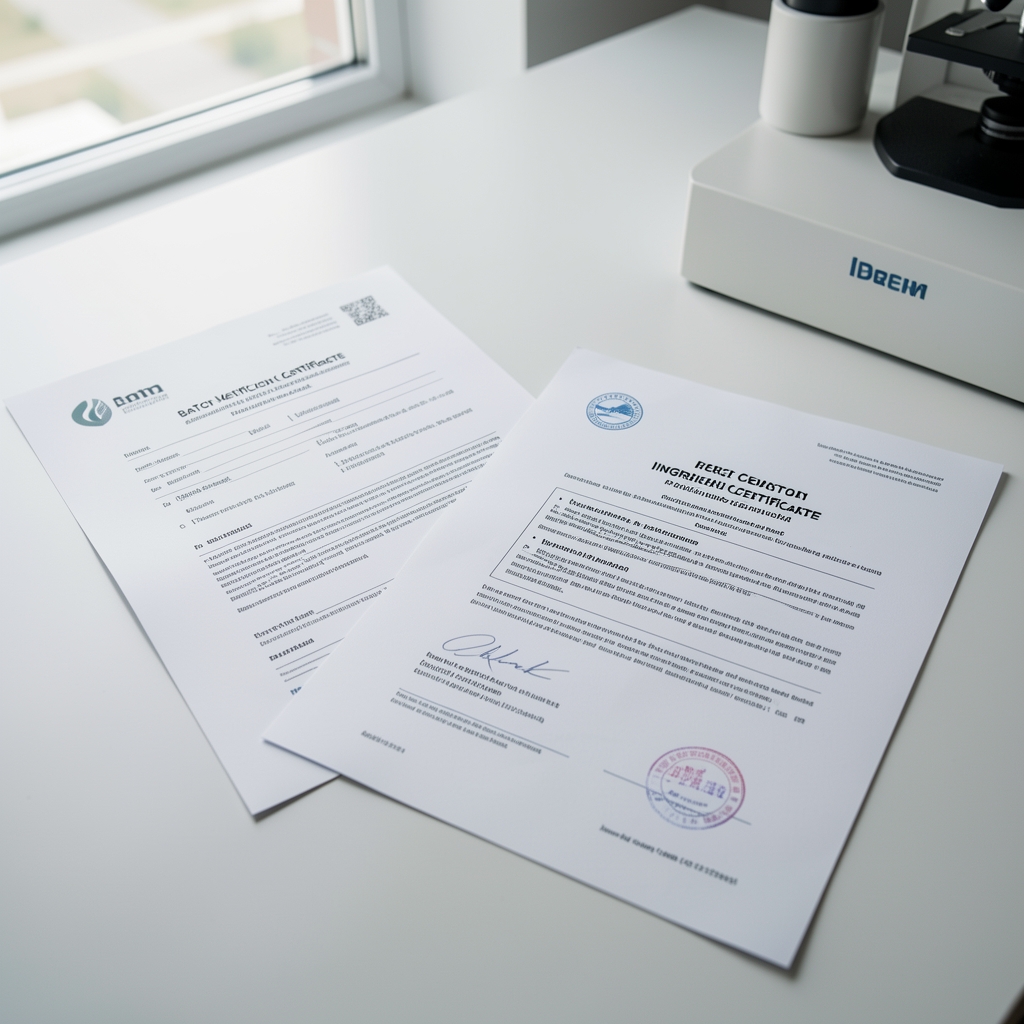 Quality control documentation papers laid flat on a clean surface in a well-lit workspace showing batch verification certificates and ingredient certificates