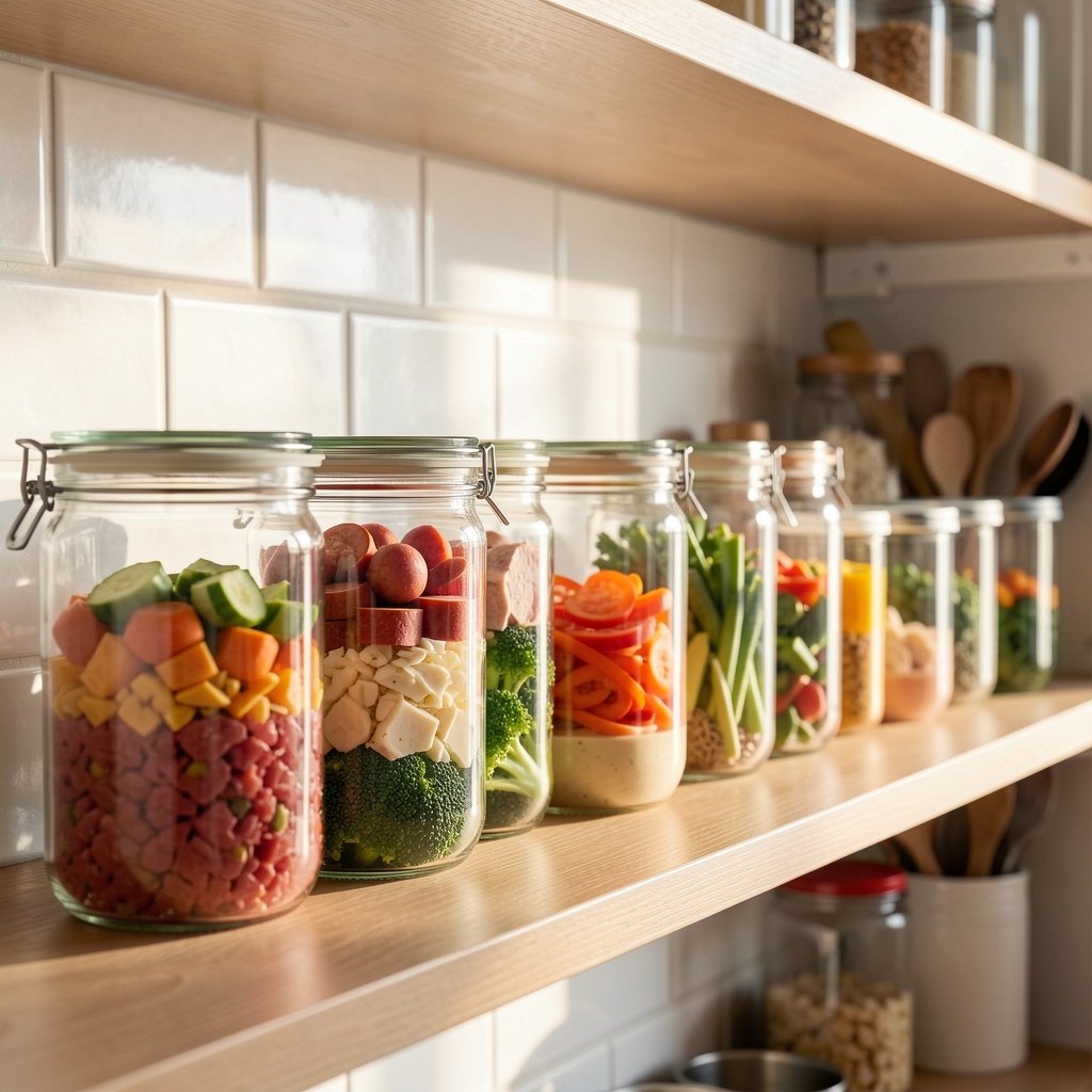 Multiple glass containers with prepped meal components lined on a kitchen shelf with natural light, showing systematic meal planning approach