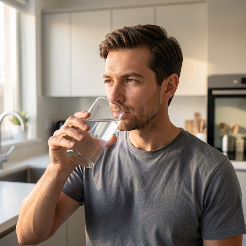 Man drinking a large glass of water in a modern kitchen early morning before breakfast, calm focused expression, natural light
