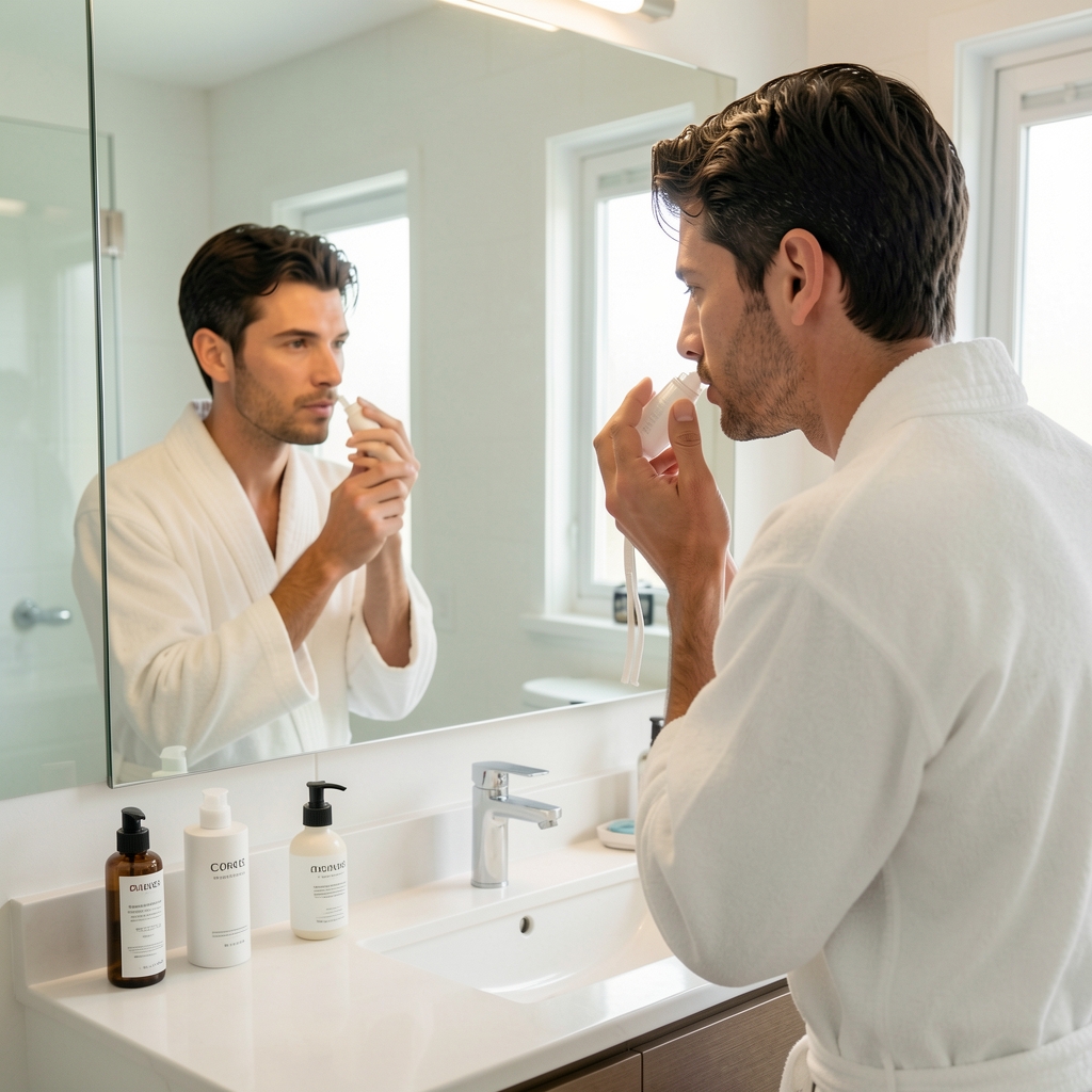 Man applying skincare routine in a well-lit bathroom mirror, clean minimalist grooming setup with quality personal care products arranged neatly