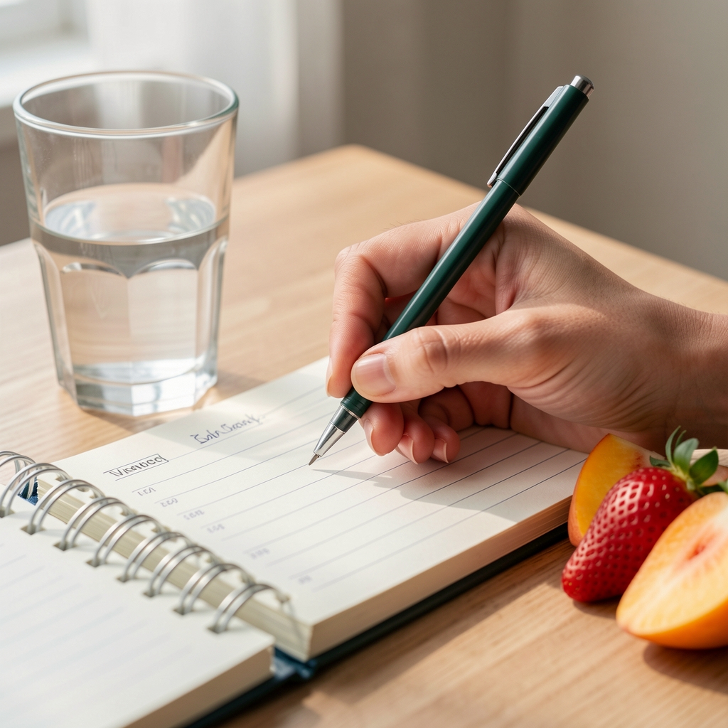 Close-up of a hand writing observations in a wellness tracking notebook next to a glass of water and a piece of fresh fruit