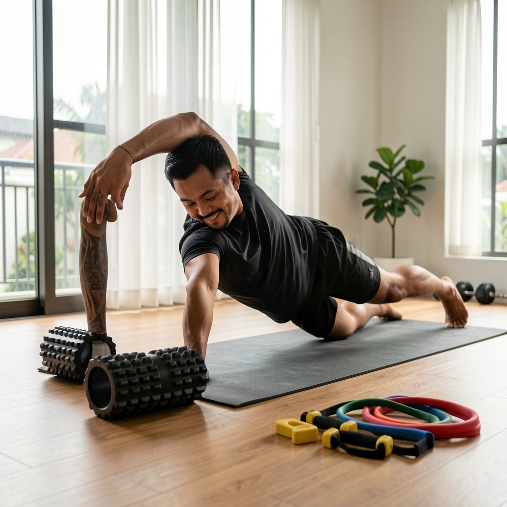 Man stretching in a well-lit home gym setting with a foam roller and resistance bands arranged neatly on a wooden floor in Jakarta