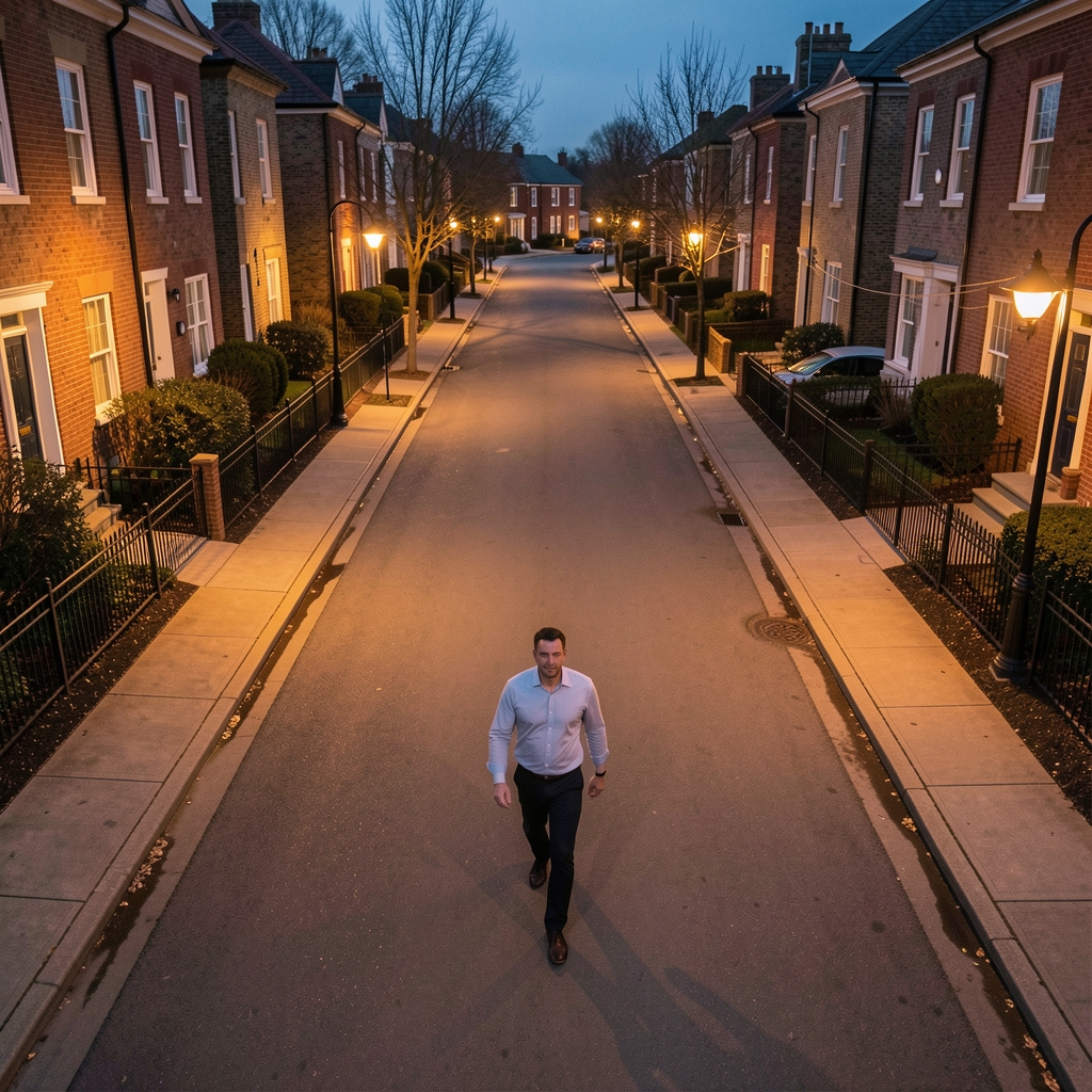 Evening view of South Jakarta residential street with warm streetlights, shot from above showing a man walking with purpose